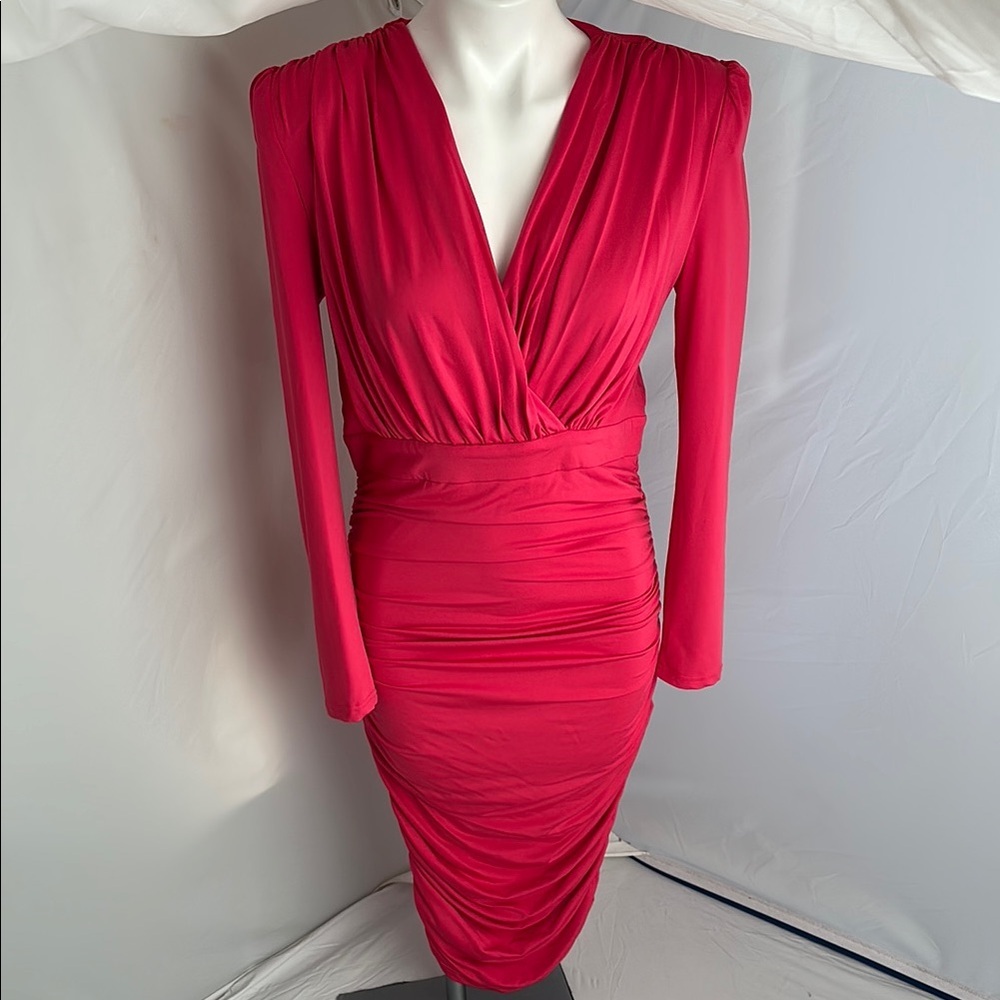 Pink Boutique Wish You Well hot pink long sleeve slinky ruched midi dress